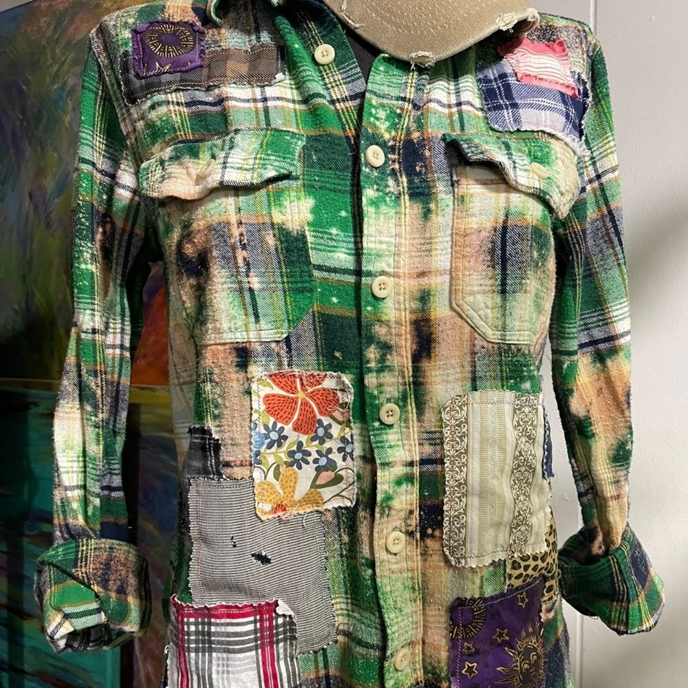 Upcycled Up-cycled Green Plaid Bleached Flannel Denim Vintage Fabric Patchwork